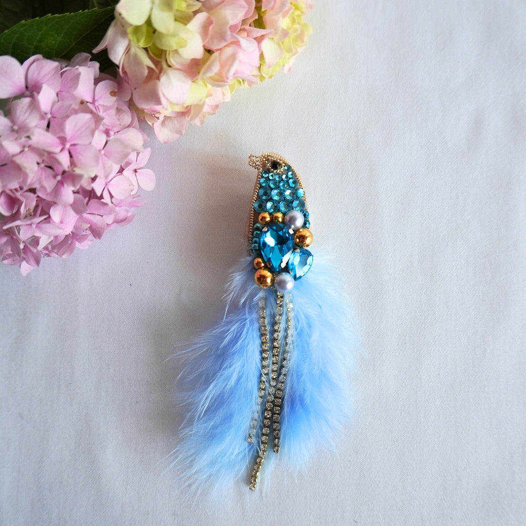 Handmade beaded bird small size with azure blue and gold beads, gemstones and feathers - TGbrooch