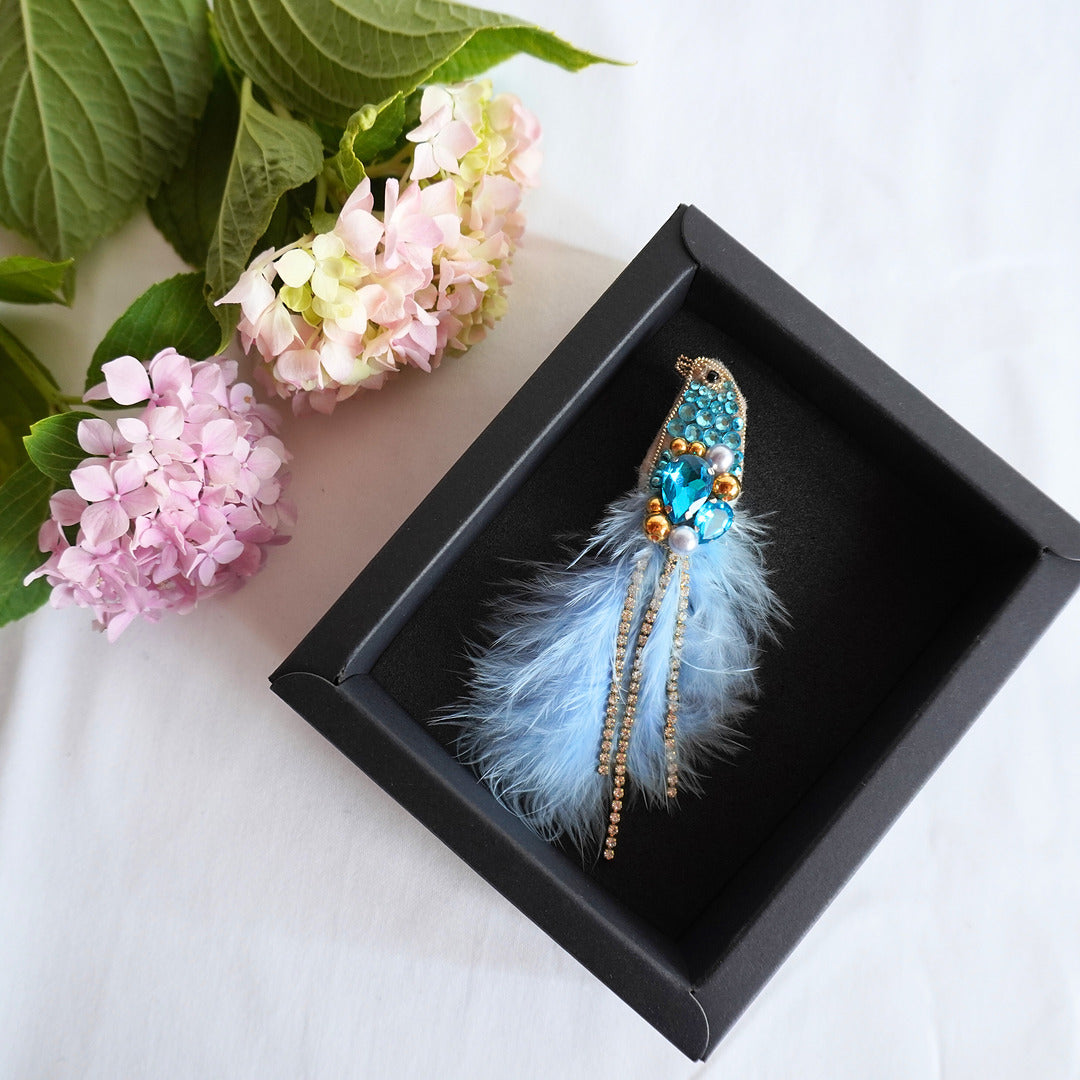 Azure blue and gold beaded bird brooch in a box - TGbrooch