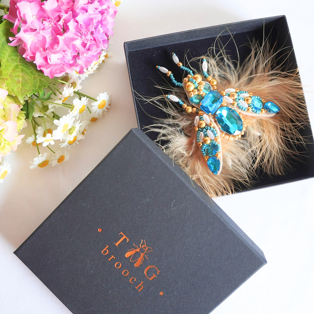 Embroidered beaded fly brooch in blue and gold color combination - TGbrooch