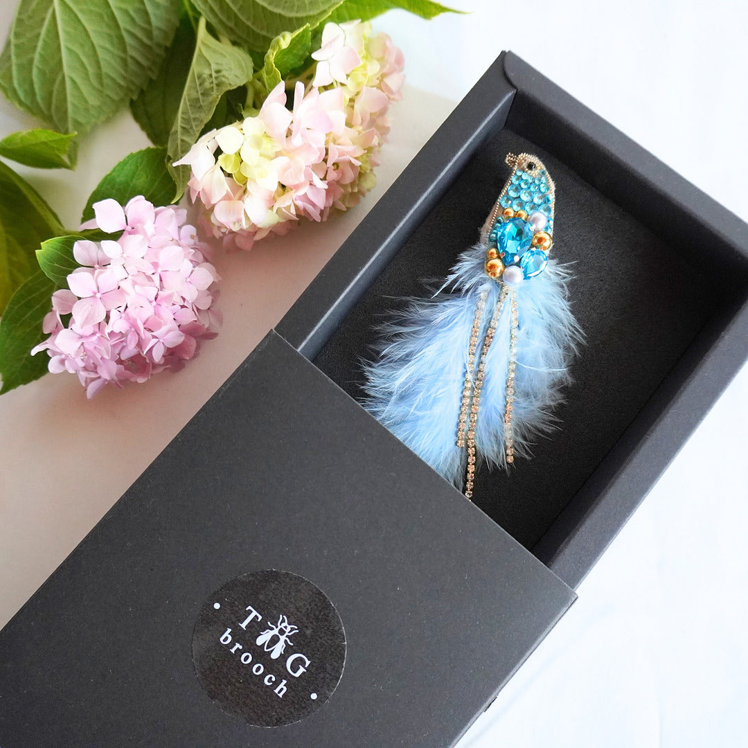 Handmade azure blue and gold beaded bird brooch small size in TGbrooch box