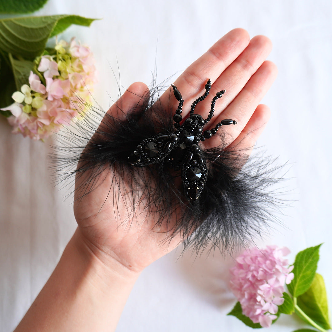 Black beaded fly brooch in black color - TGbrooch