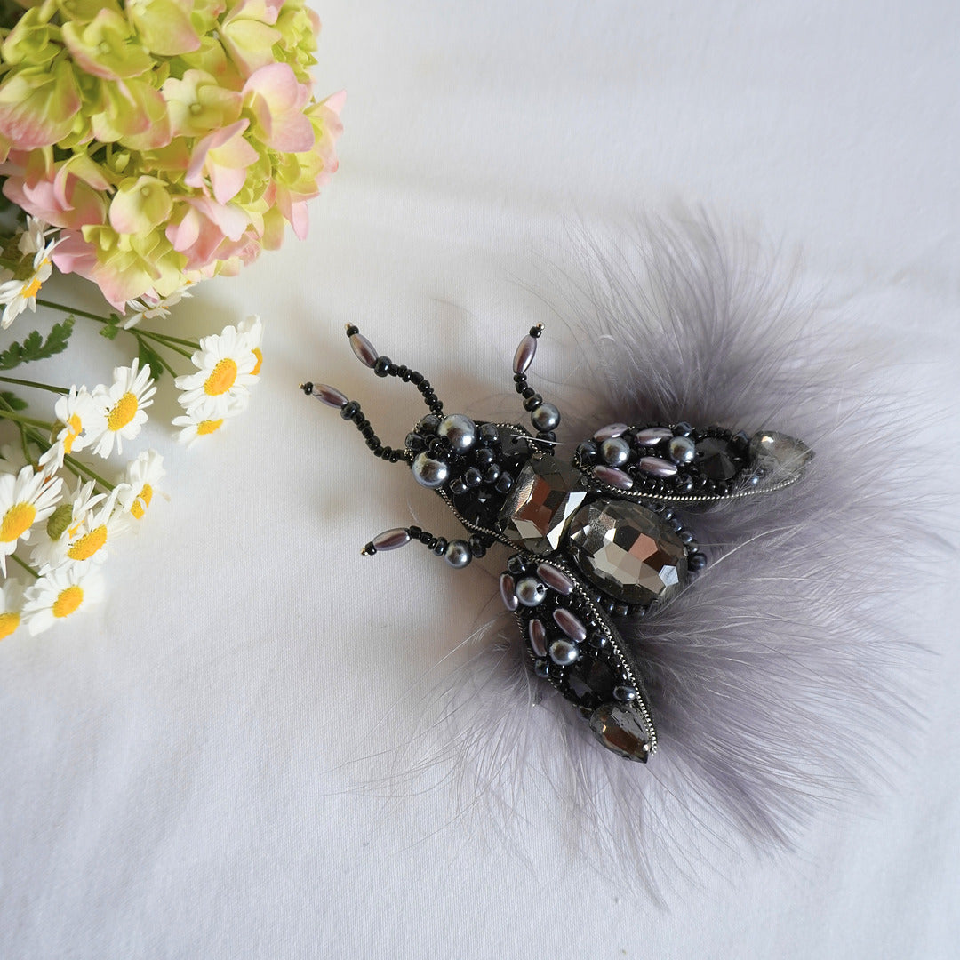 Handmade fly insect brooch with silver and black beads and grey feathers - TGbrooch