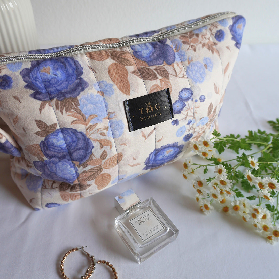 Large toiletry bag with blue roses and leaves floral pattern handmade and designed by TGbrooch