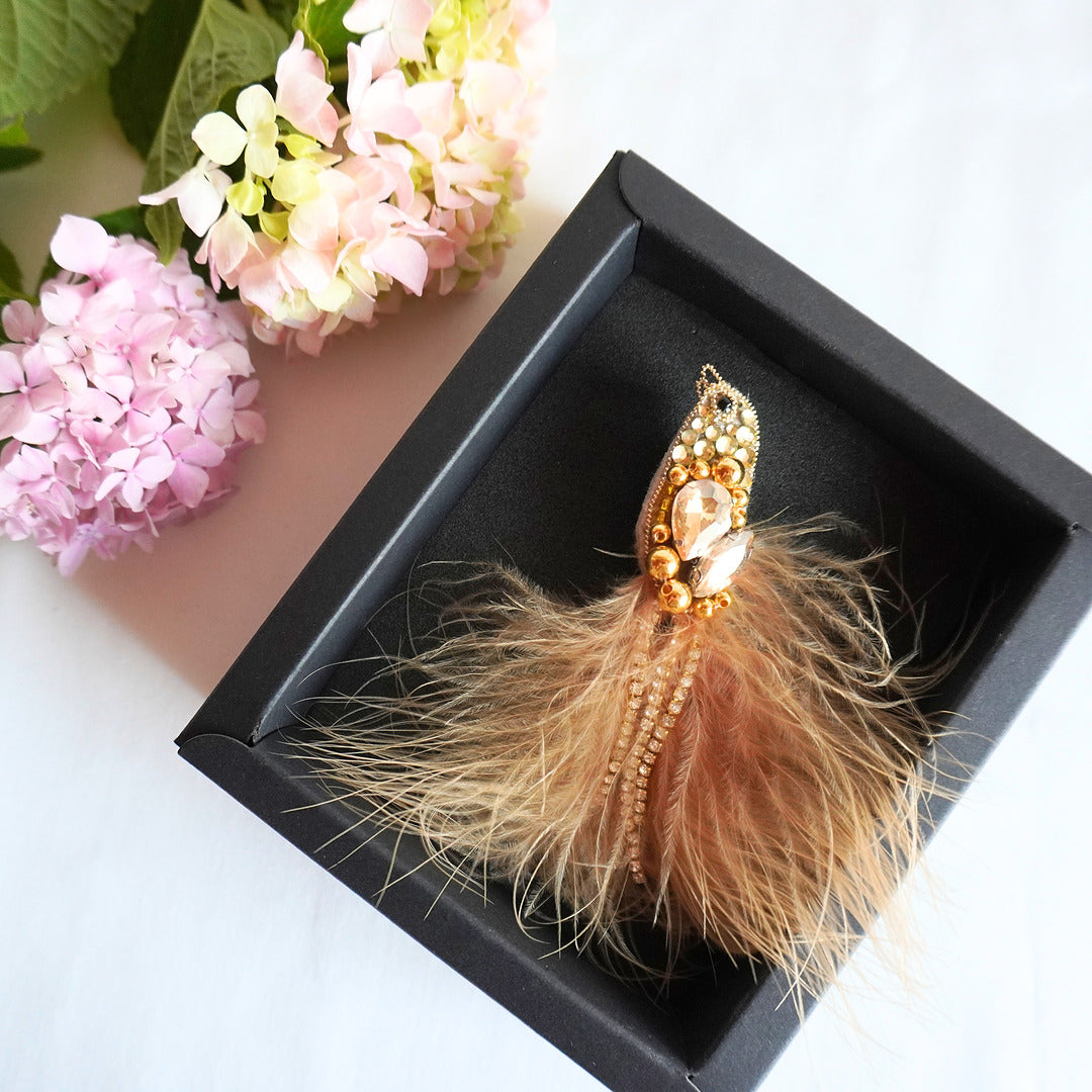 Handmade beaded bird brooch small size in champagne and gold color combination in a box