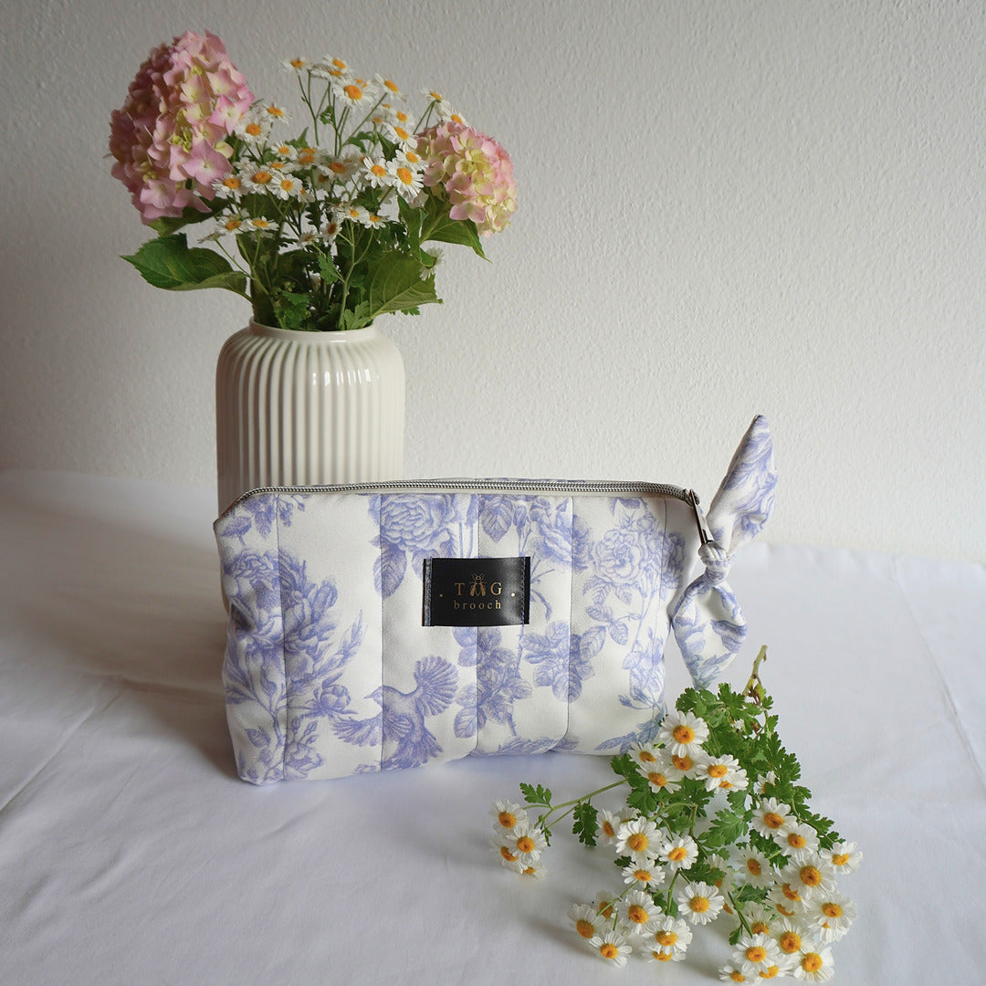 Handmade medium size toiletry bag with floral pattern azure garden in white and blue combination - TGbrooch
