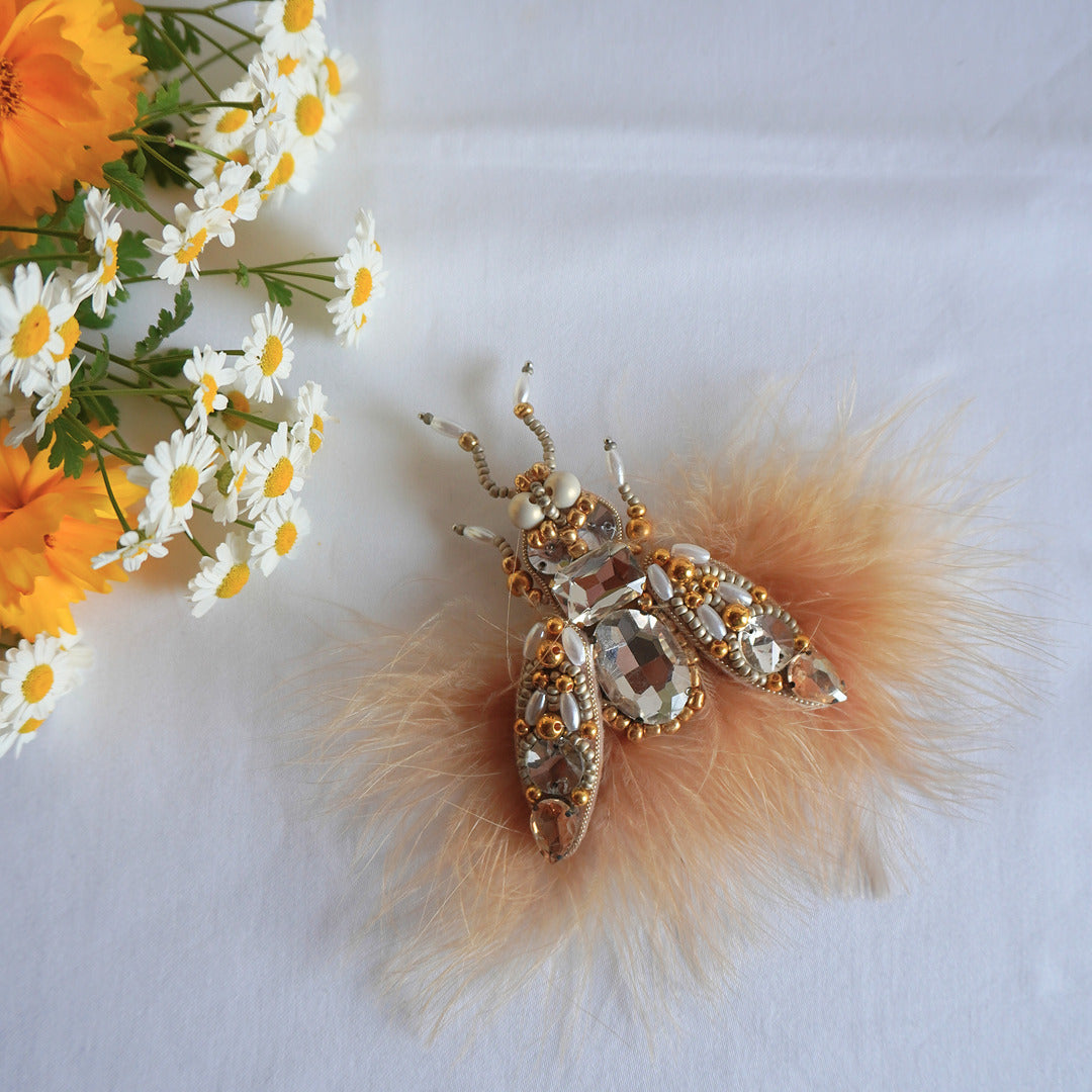 Handmade insect fly brooch with champagne feathers, beads and gemstones, TGbrooch