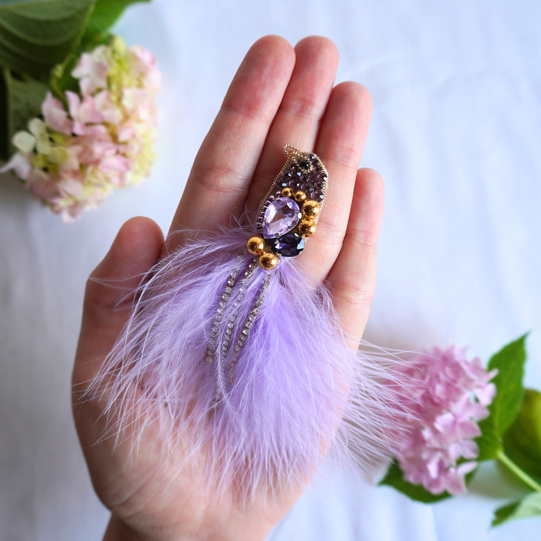 Lilac purple and gold beaded bird TGbrooch small size