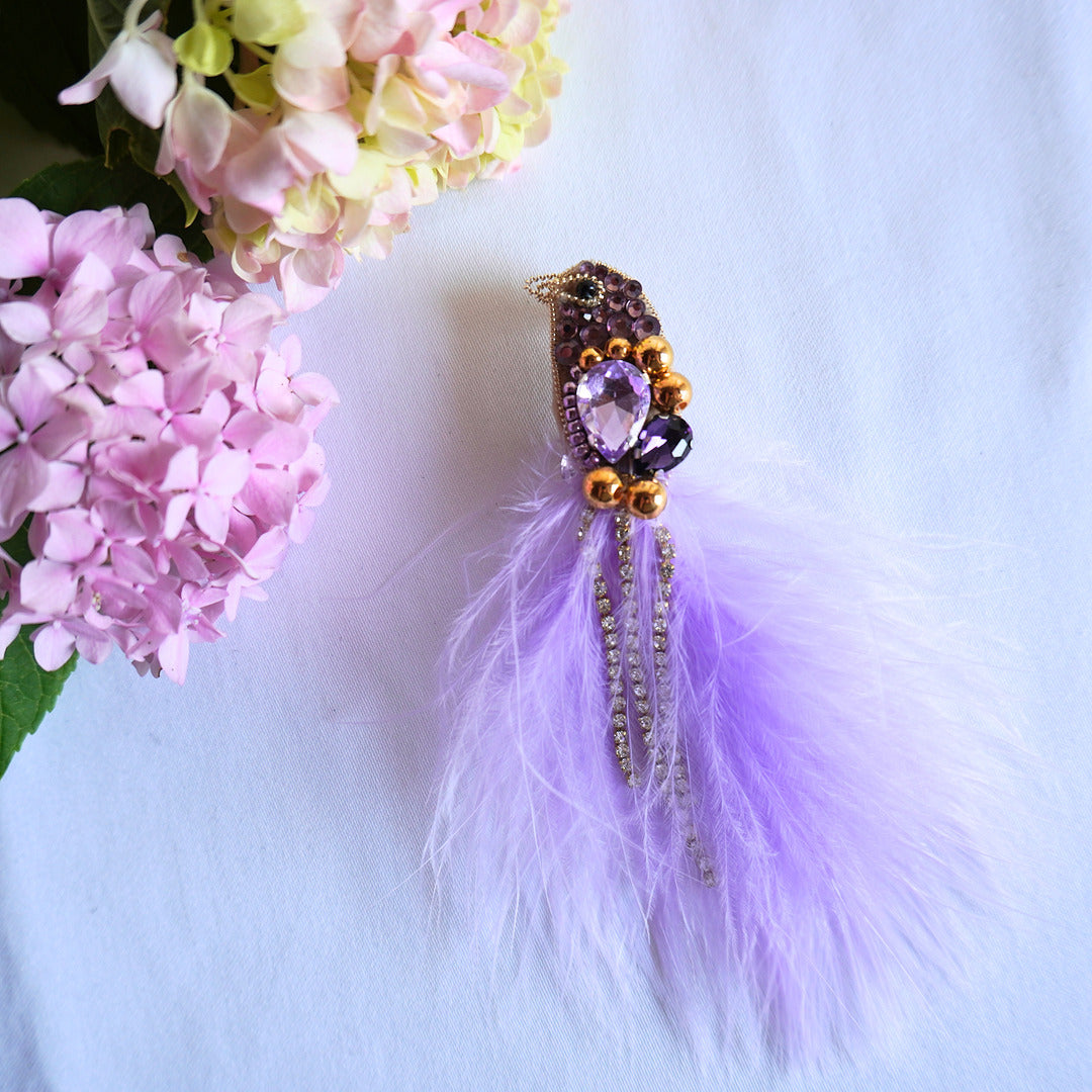 Handmade beaded bird brooch small size with lilac purple and gold beads, gemstones and feathers - TGbrooch