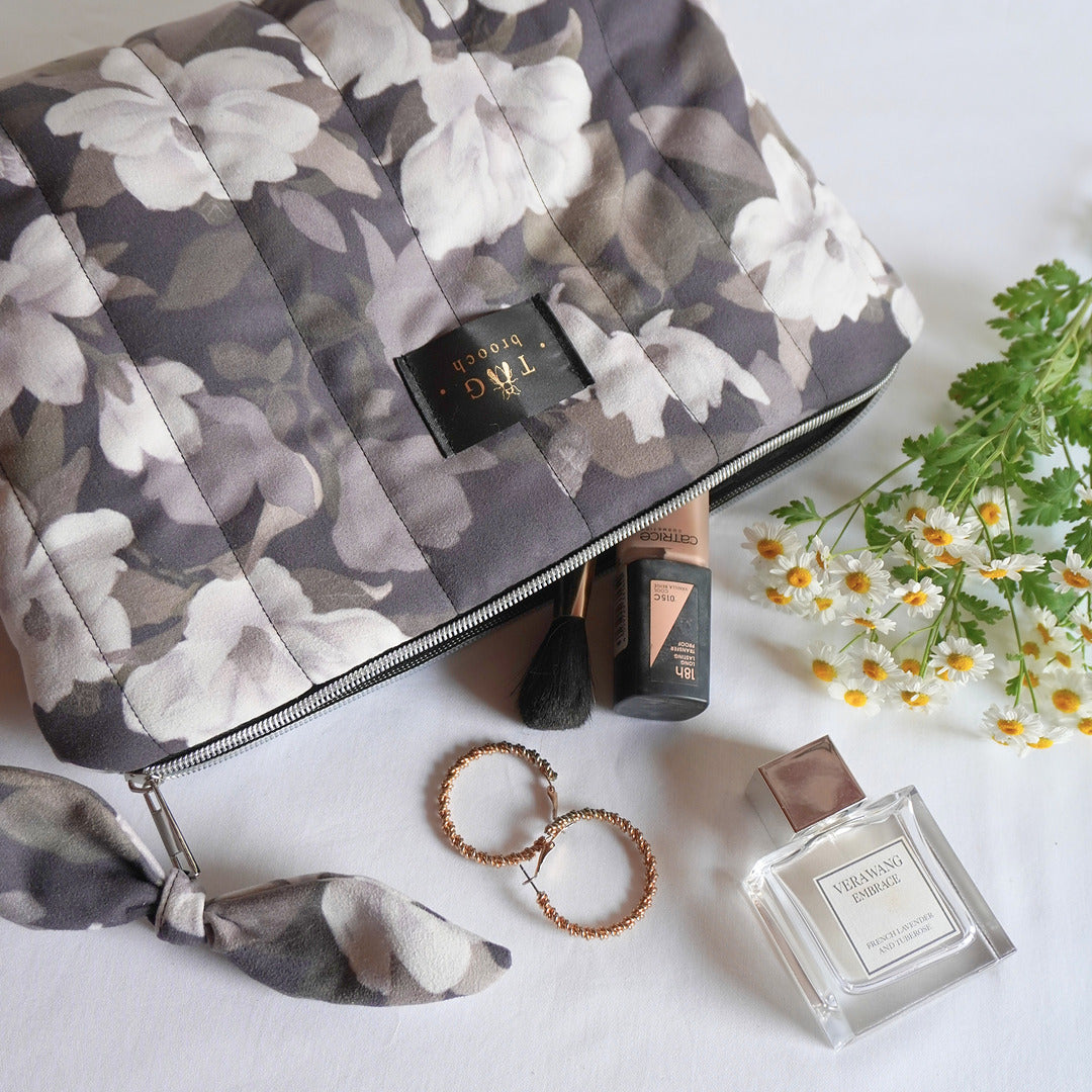 Cosmetic bag with magnolia floral pattern printed on velvet fabric - TGbrooch