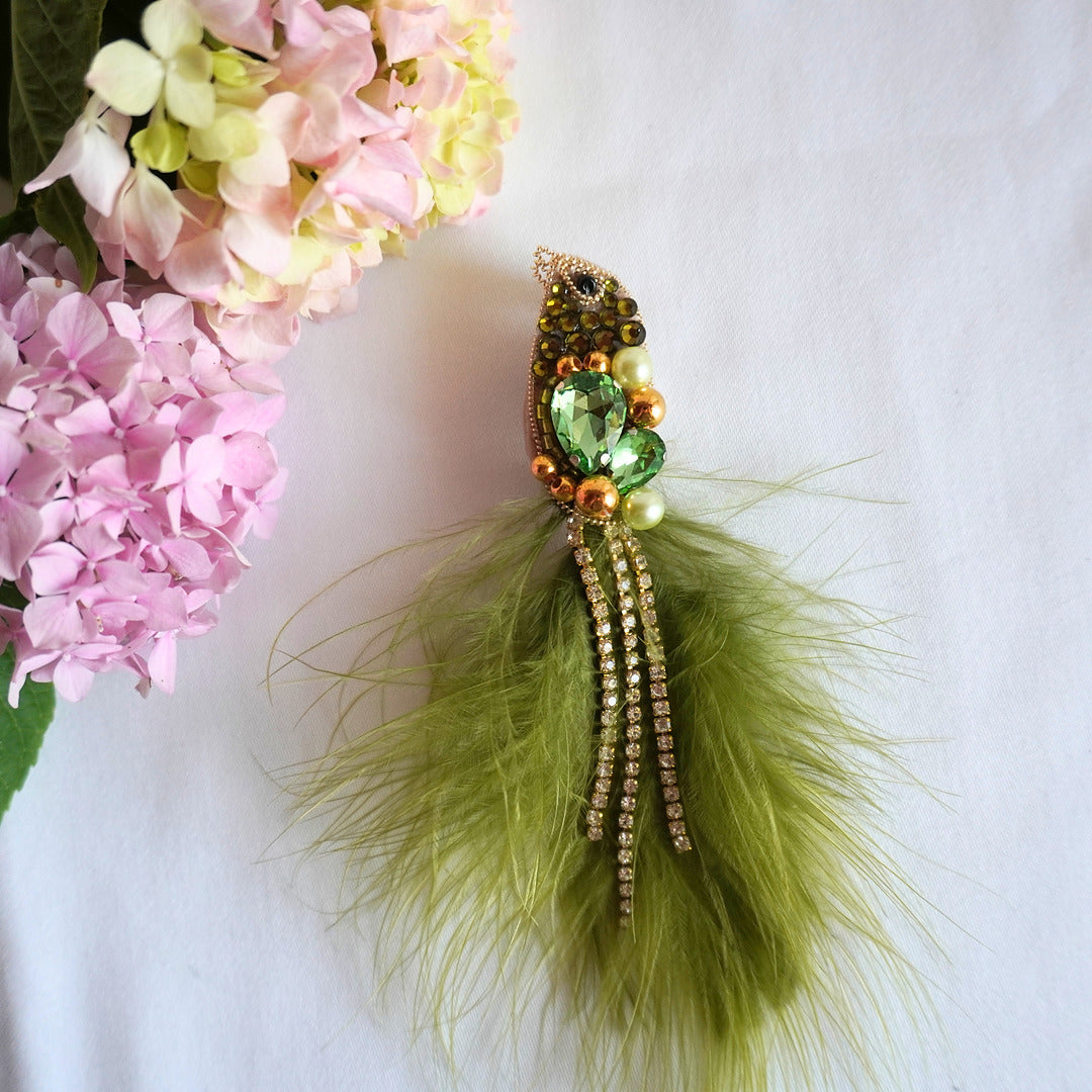 Handmade beaded bird brooch small size with olive green and gold gemstones, beads and feathers - TGbrooch