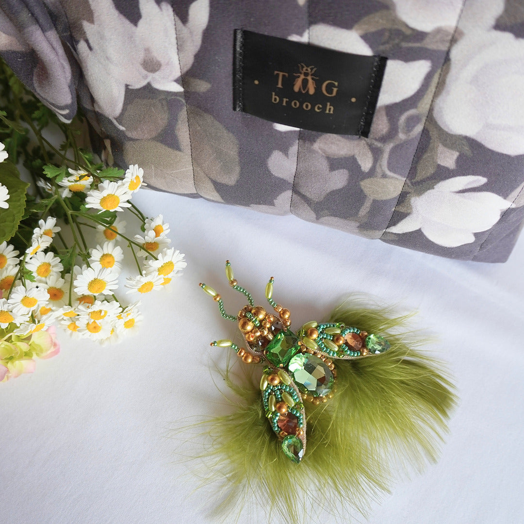 Decorative fly insect beaded brooch with green feathers and gemstones - TGbrooch