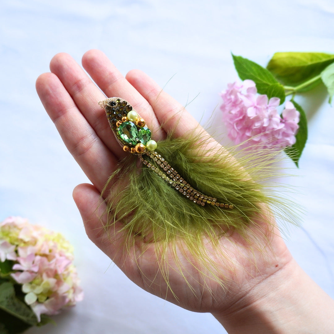 Handmade embroidered beaded bird brooch small size in olive green and gold color combination - TGbrooch