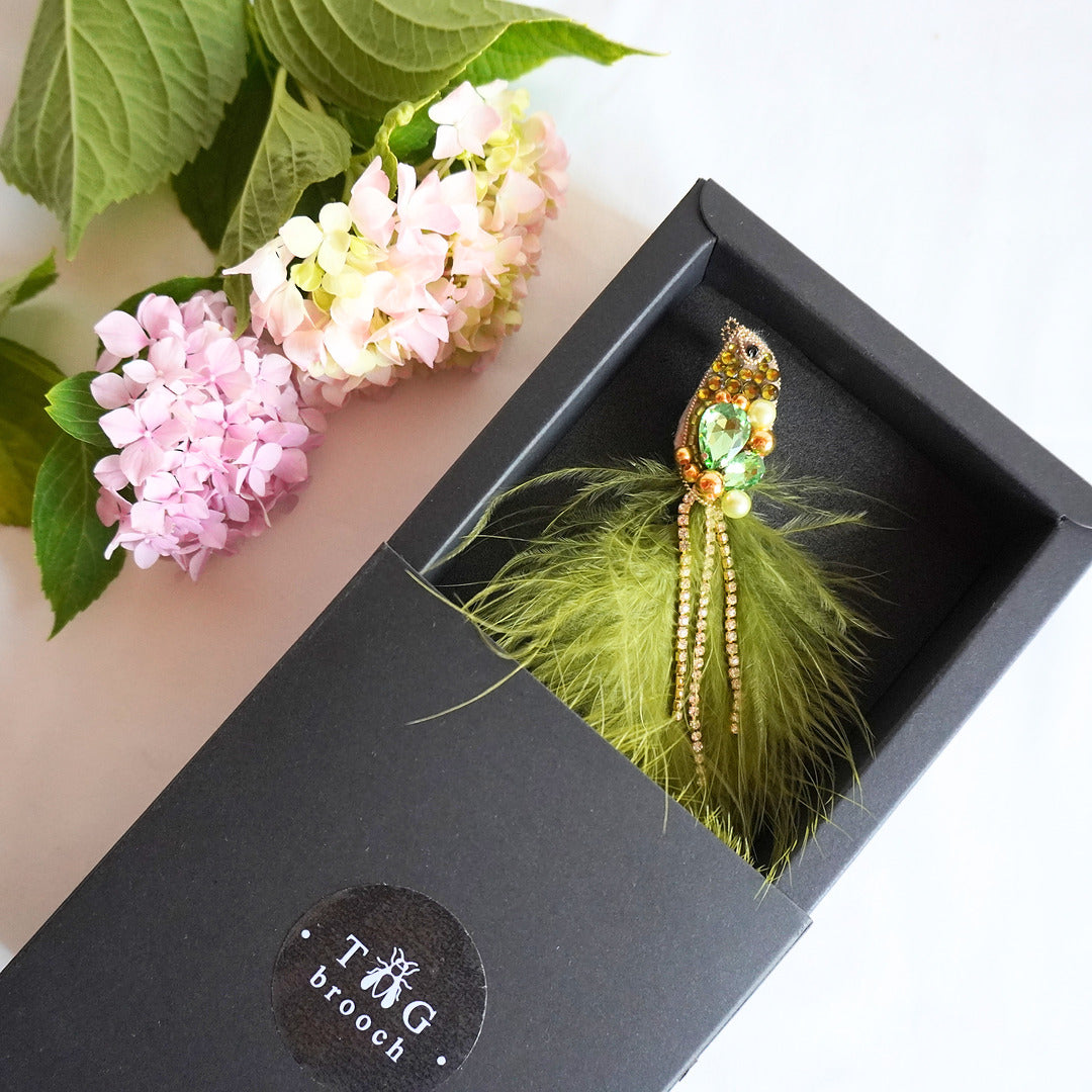 Olive green and gold beaded bird brooch in TGbrooch box