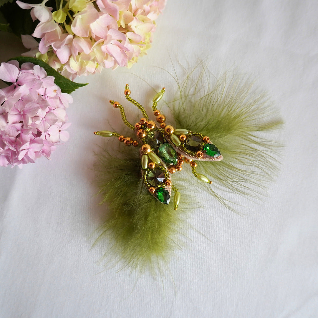 Handmade beaded fly brooch in olive green and gold combination, small size TGbrooch
