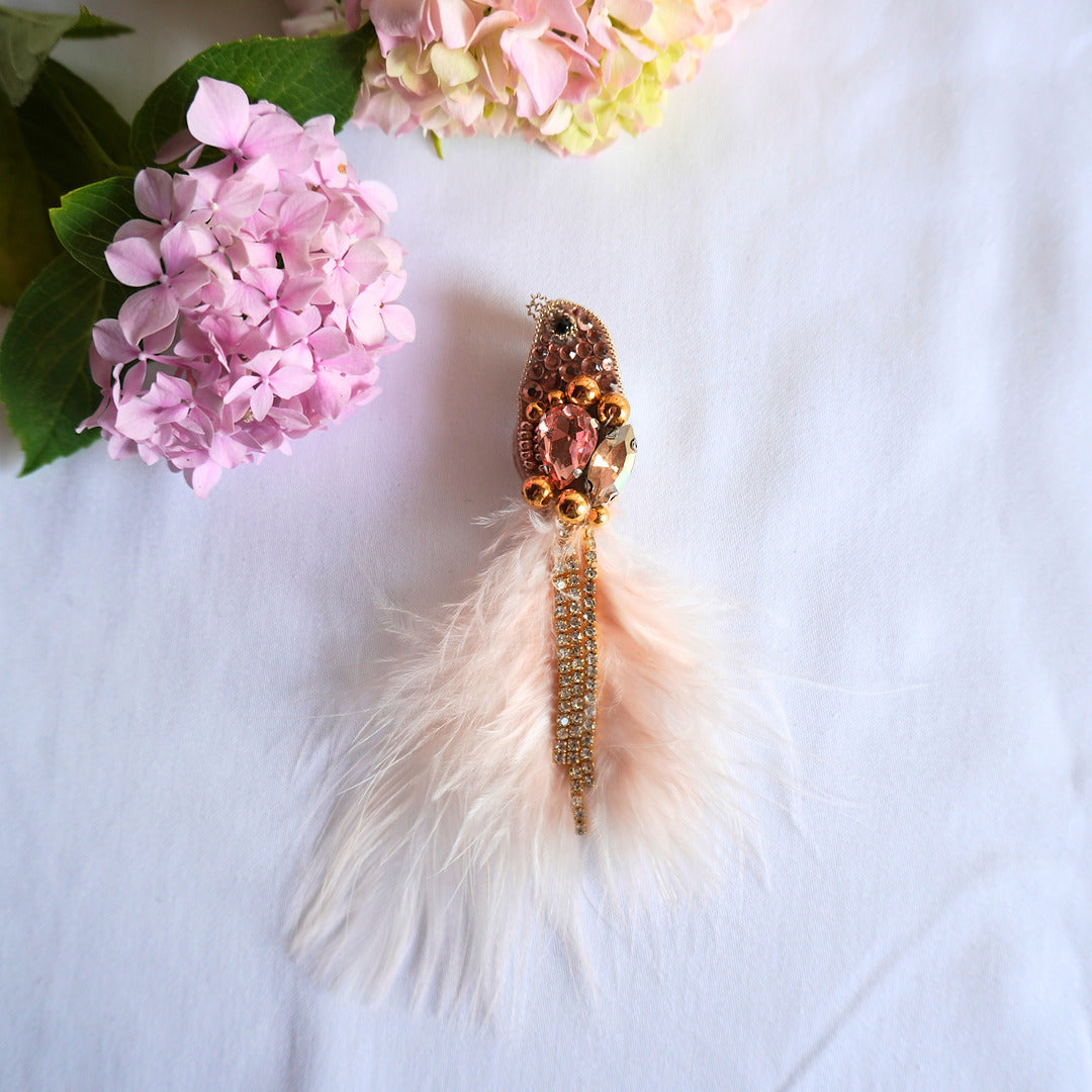 Handmade beaded bird brooch small size with peach and gold beads, gemstones and feathers - TGbrooch