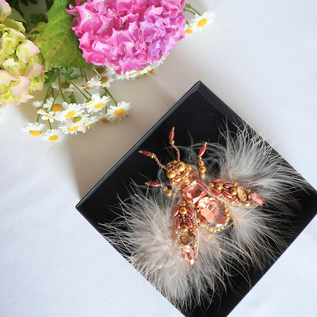 Decorative beaded insect brooch in peach and gold color combination - TGbrooch