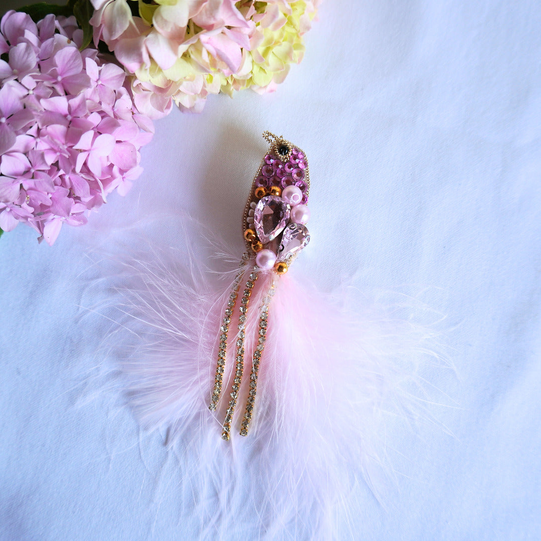 Handmade beaded bird brooch small size with rose pink and gold beads, gemstones and feathers - TGbrooch