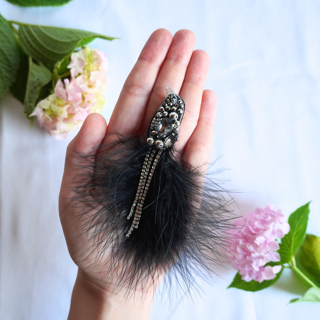 Silver and black beaded bird TGbrooch small size