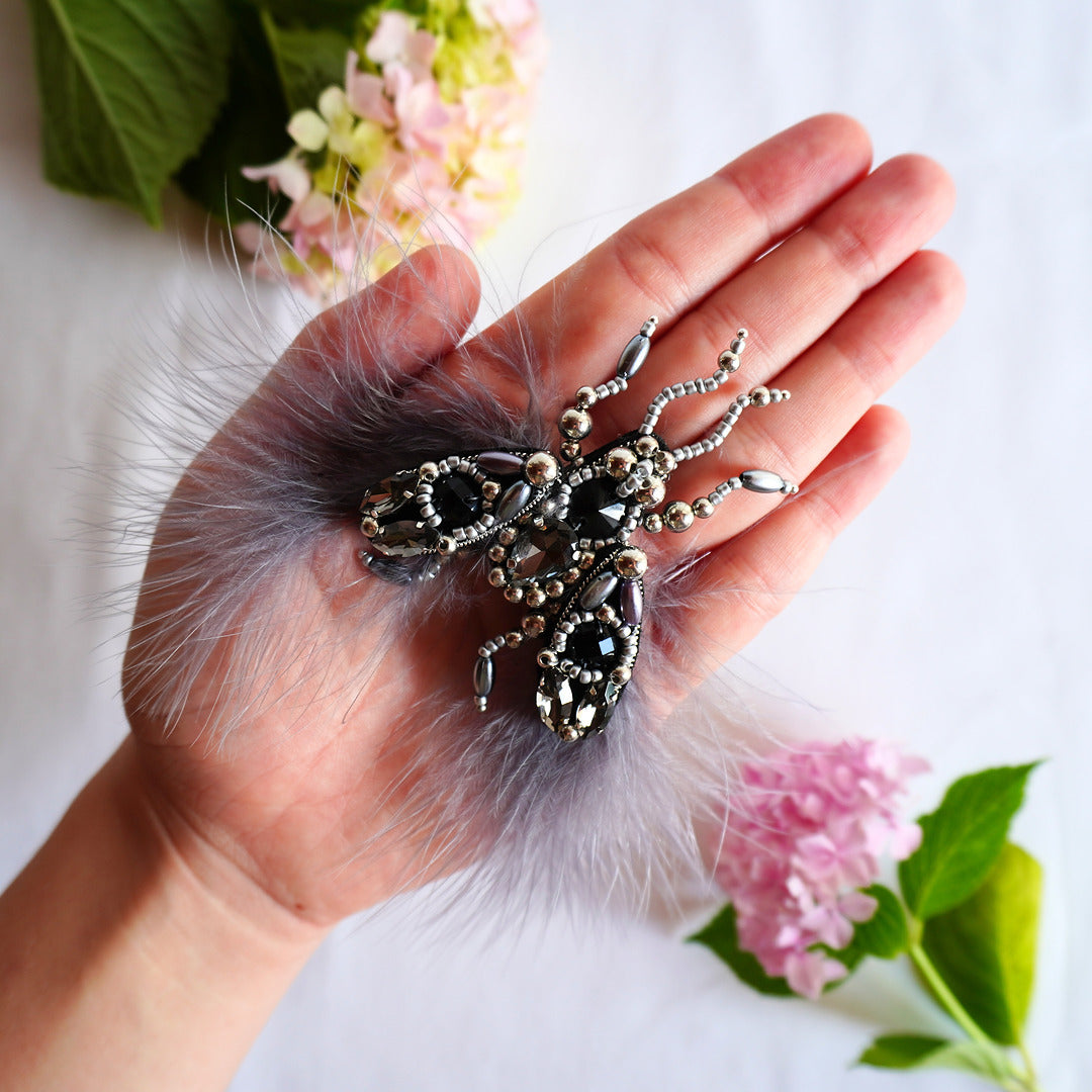 Handmade embroidered fly brooch small size in silver and black color combination -TGbrooch