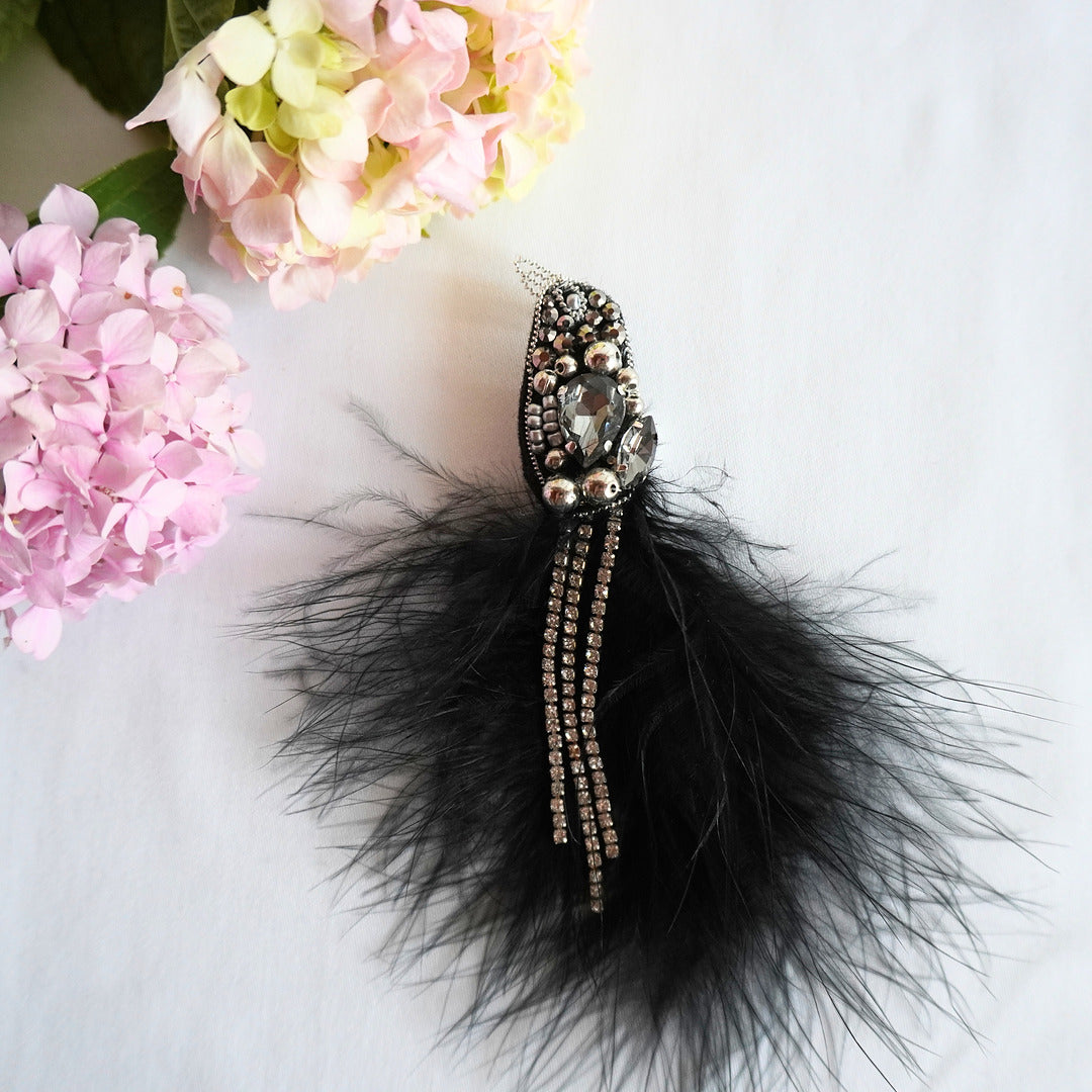 Handmade beaded bird brooch with black and silver gemstones, beads and feathers - TGbrooch