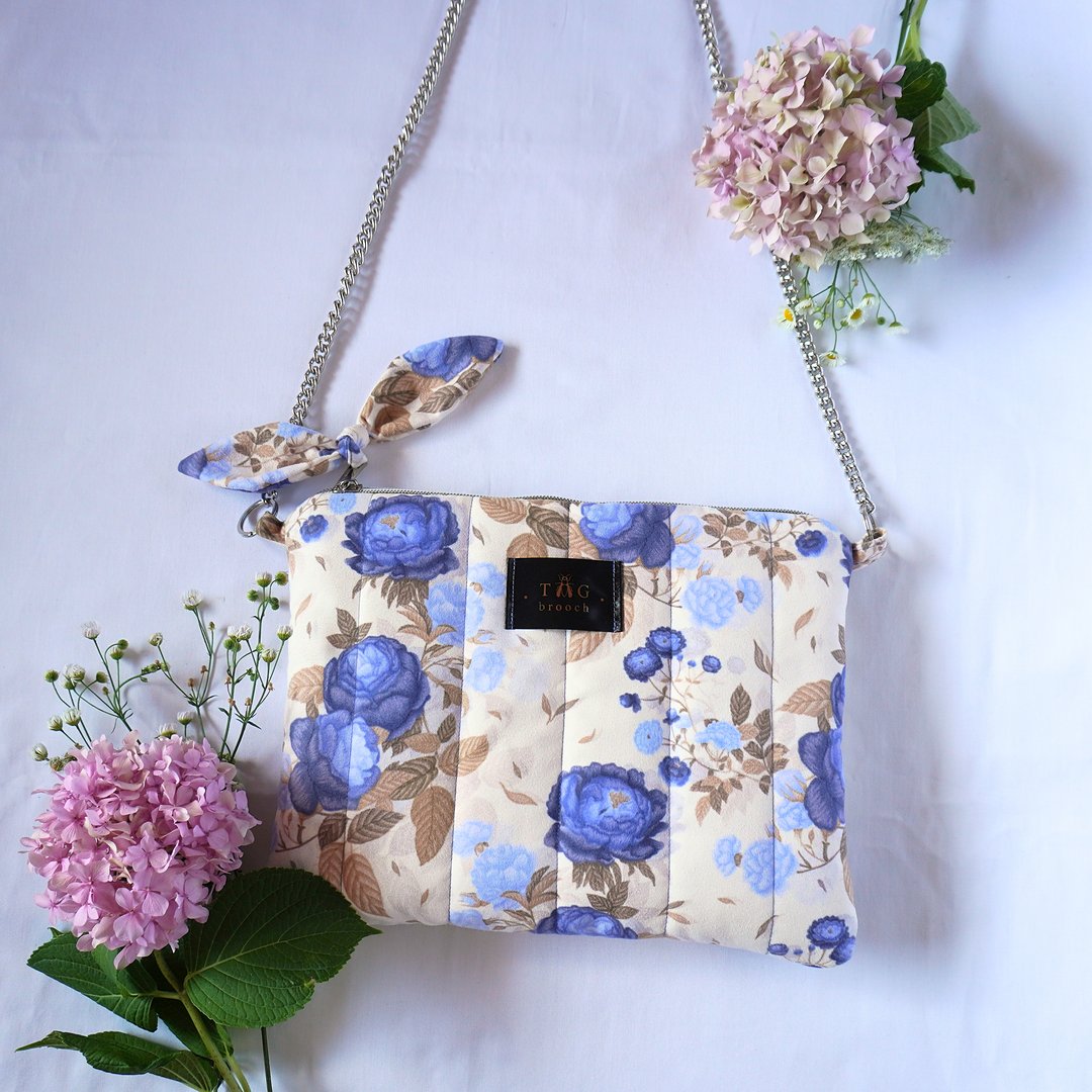 Handmade small bag with blue roses pattern designed by TGbrooch