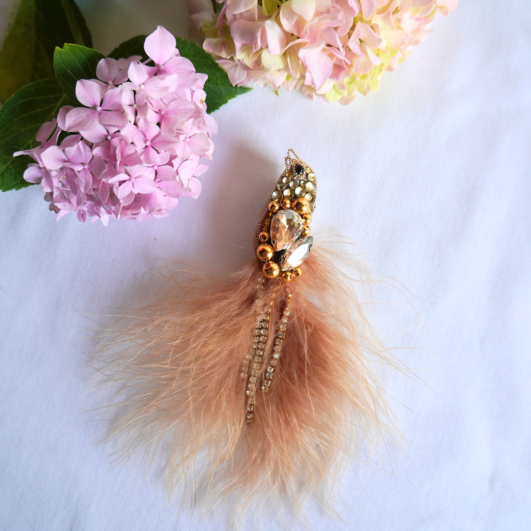 Handmade beaded bird brooch with champagne and gold gemstones, beads and feathers - TGbrooch