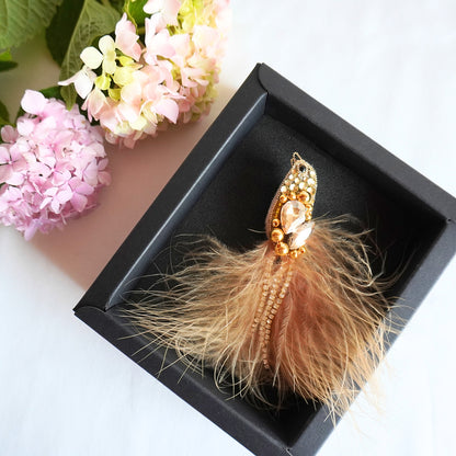 Handmade beaded bird brooch small size in champagne and gold color combination in a box