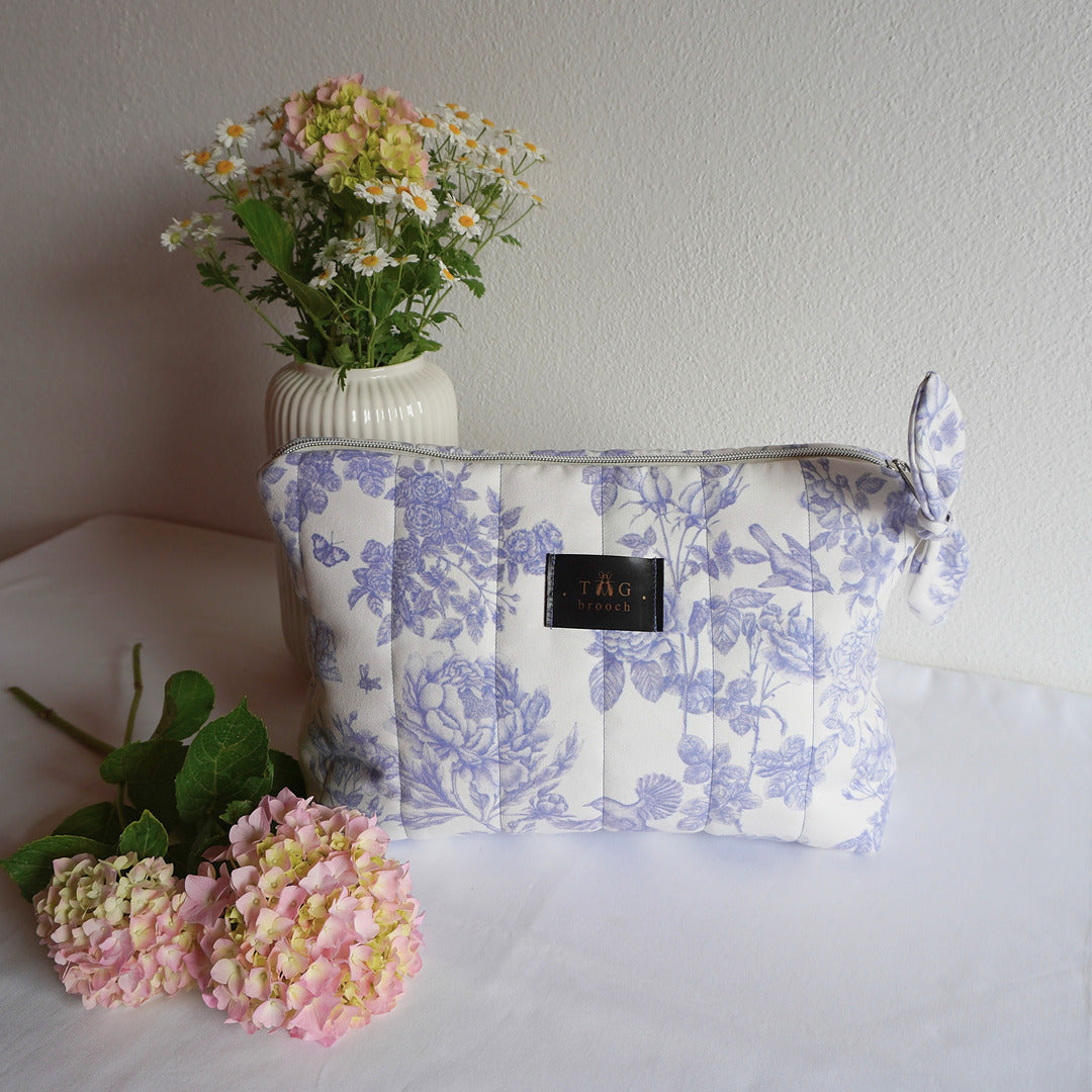Handmade large elegant toilerty cosmetic bag with white and blue floral pattern - TGbrooch