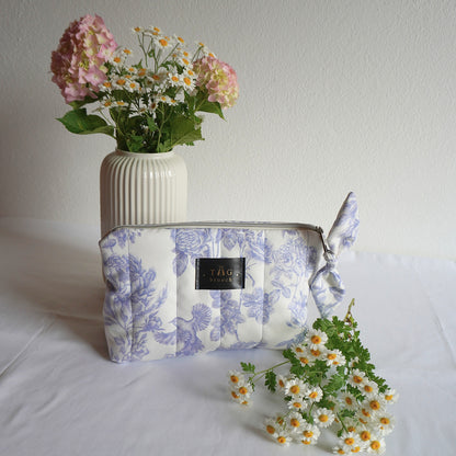 Handmade medium size toiletry bag with floral pattern azure garden in white and blue combination - TGbrooch
