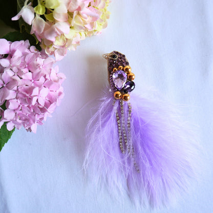 Handmade beaded bird brooch small size with lilac purple and gold beads, gemstones and feathers - TGbrooch