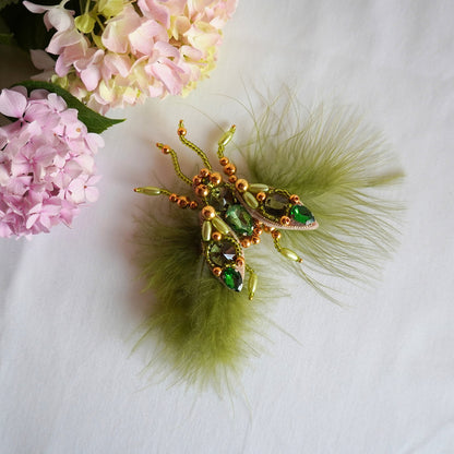 Handmade beaded fly brooch in olive green and gold combination, small size TGbrooch