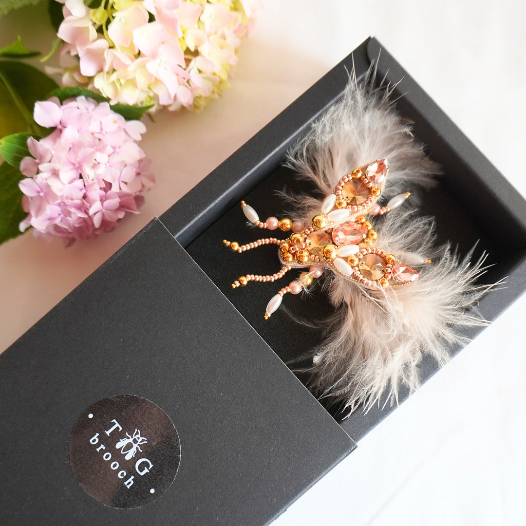 Embroidered small size fly brooch with peach and gold beads, gemstones and feathers - TGbrooch