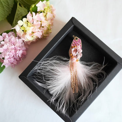 Handmade beaded bird brooch small size with rose pink and gold beads, gemstones and feathers in a box