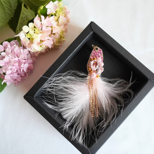 Handmade beaded bird brooch small size with rose pink and gold beads, gemstones and feathers in a box
