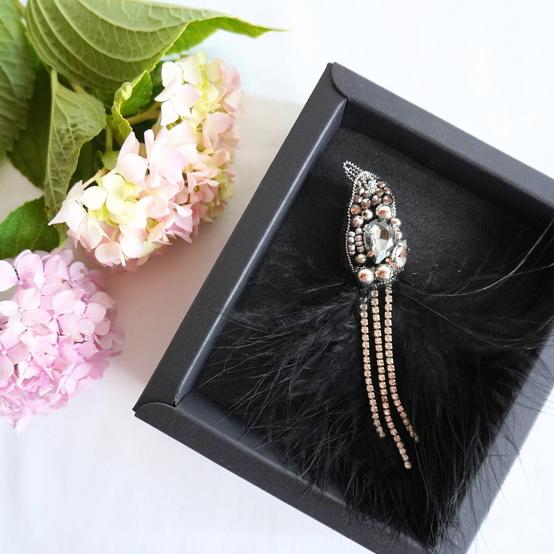 Handmade embroidered beaded bird brooch small size in black and silver color combination in a box - TGbrooch