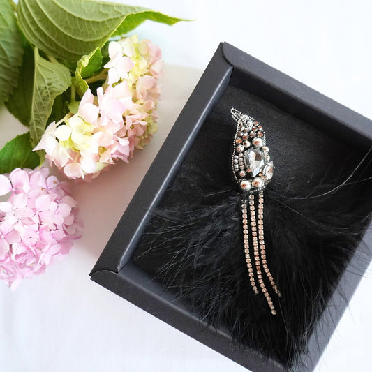 Handmade embroidered beaded bird brooch small size in black and silver color combination in a box - TGbrooch