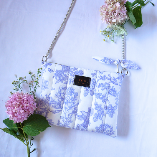 Handmade small quilted shoulder bag with elegant botanical pattern designed by TGbrooch