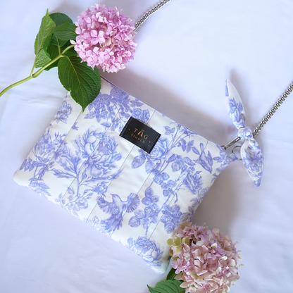 Handmade quilted shoulder bag with floral pattern in blue and white color combination - TGbrooch